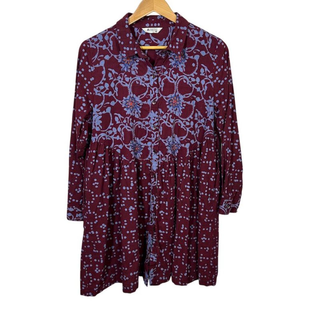 Marketplace Handwork of India Dress S Maroon Blue Long Sleeve Button Front